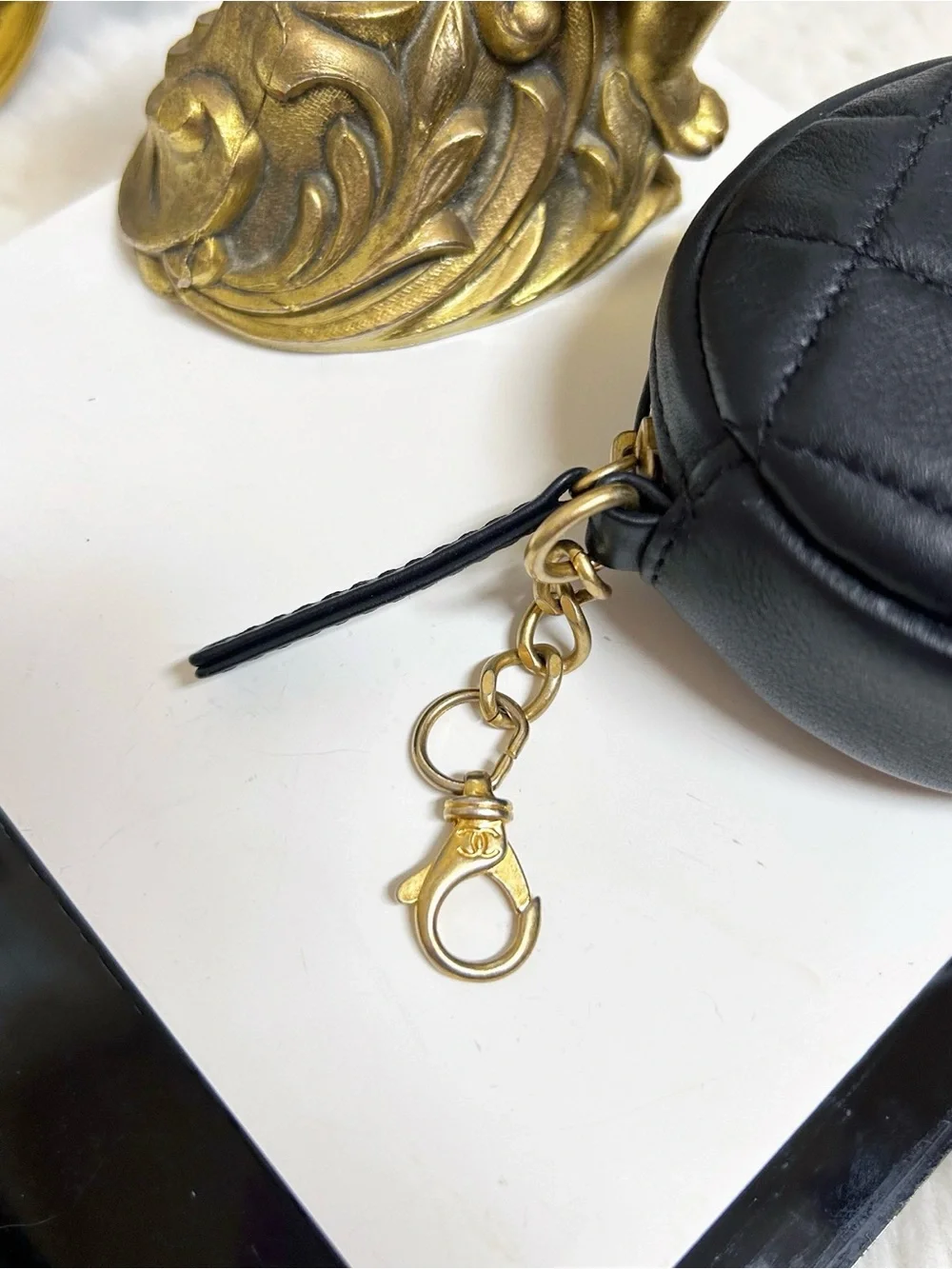 Authentic Chanel 19 CC Round Diamond Quilted Coin Pouch / Bag Charm